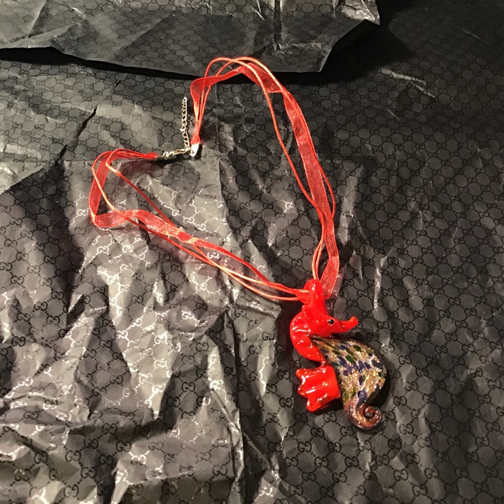 Murano glass seahorse red glittery ribbon necklace
